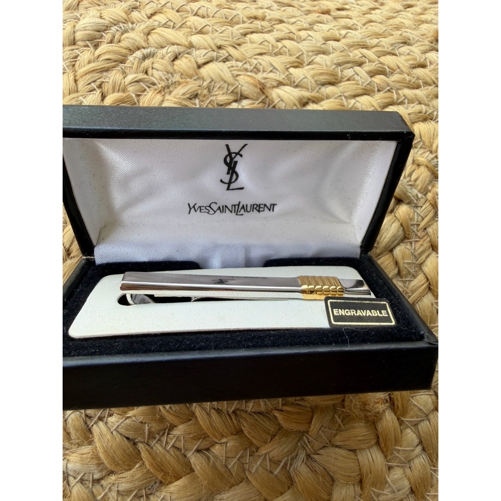 Yves Saint Laurent Tie Clip Bar Engravable Silver Gold New Mens Suit Wedding